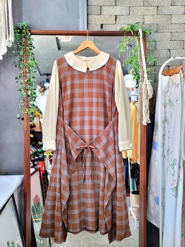 [Bashecing] cozy check pattern layered dress