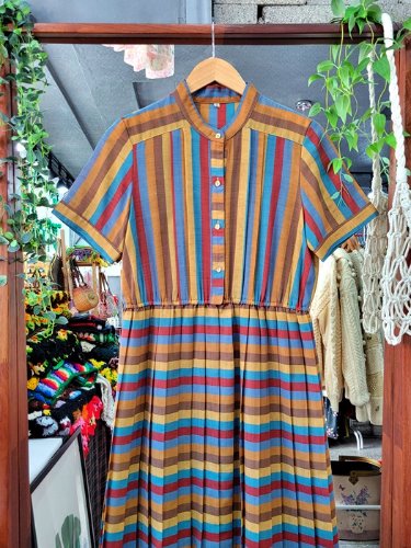 retro stripe pattern pleats dress