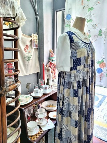blue patchwork pattern girlish cotton dress