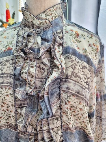 [CORDIER] retro denim pattern chiffon blouse
