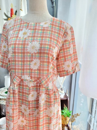 [ORANGE NICORA] check flower patterned girlish dress